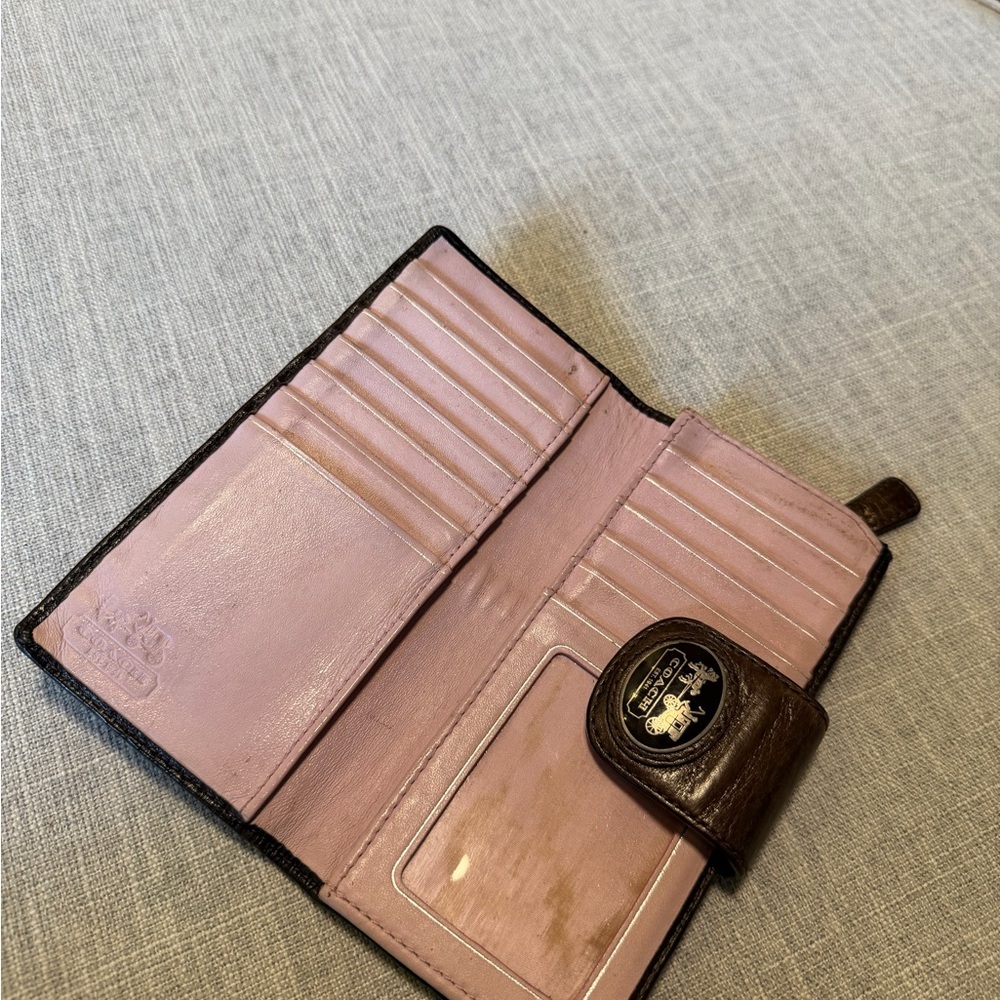 Coach Signature Canvas Checkbook Wallet Brown Leather Trim Snap Closure - Picture 9 of 9